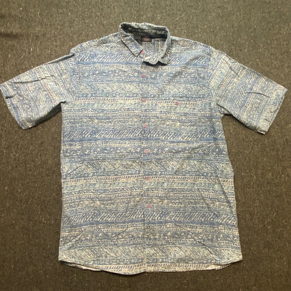 Maui Trading Company Tribal Men XL Blue Batik Print Short Sleeve Button Up Shirt